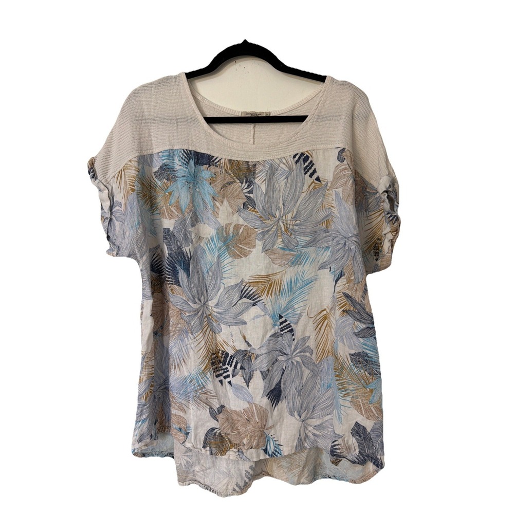 Lungo L'arno Italy Linen Top Womens Plus Size 1X Beige And Blue Floral Blouse